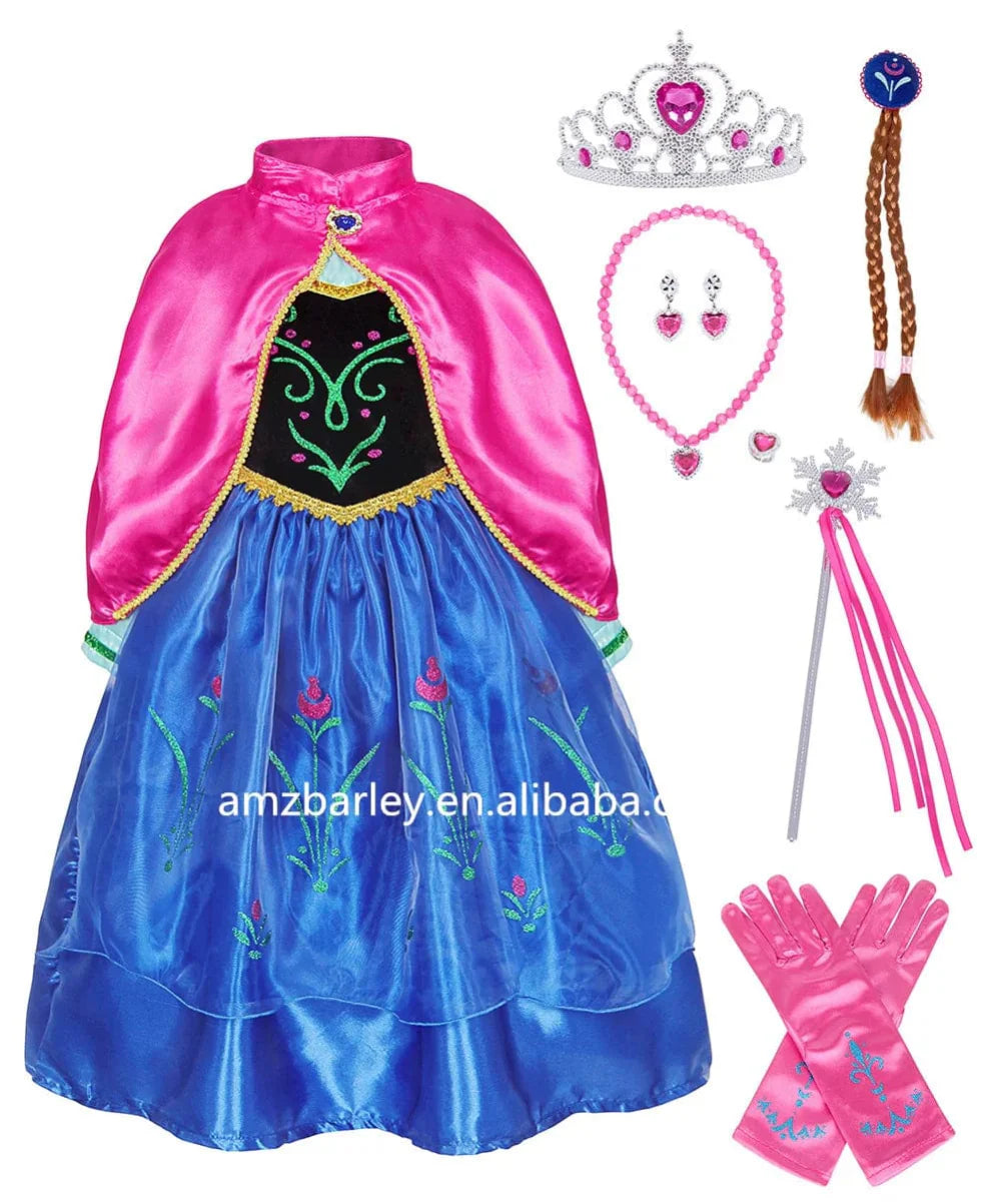 Girls Anna princess cosplay dress with cloak and accessories, perfect for birthday parties and fancy dress events.