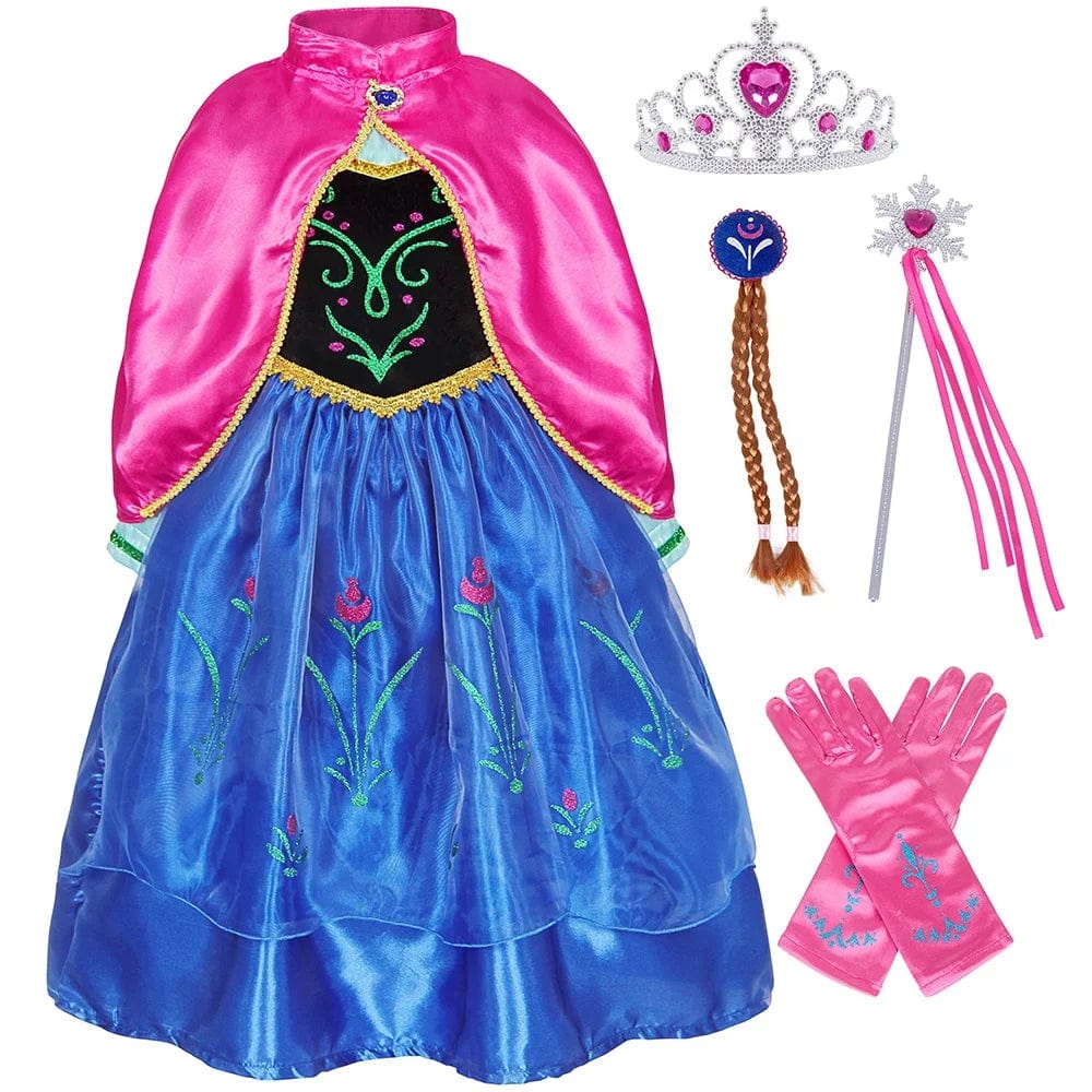 Girls Anna princess cosplay dress with cloak and accessories, perfect for birthday parties and dress-up play.