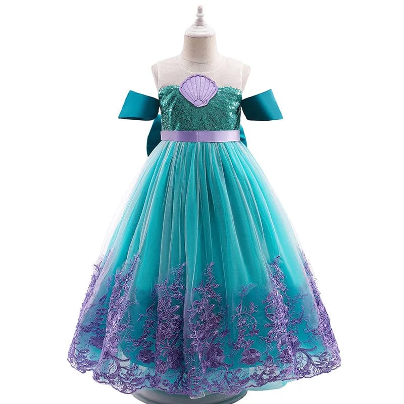 Little Mermaid girls' princess dress for Halloween cosplay, featuring vibrant mermaid design and matching accessories for children.