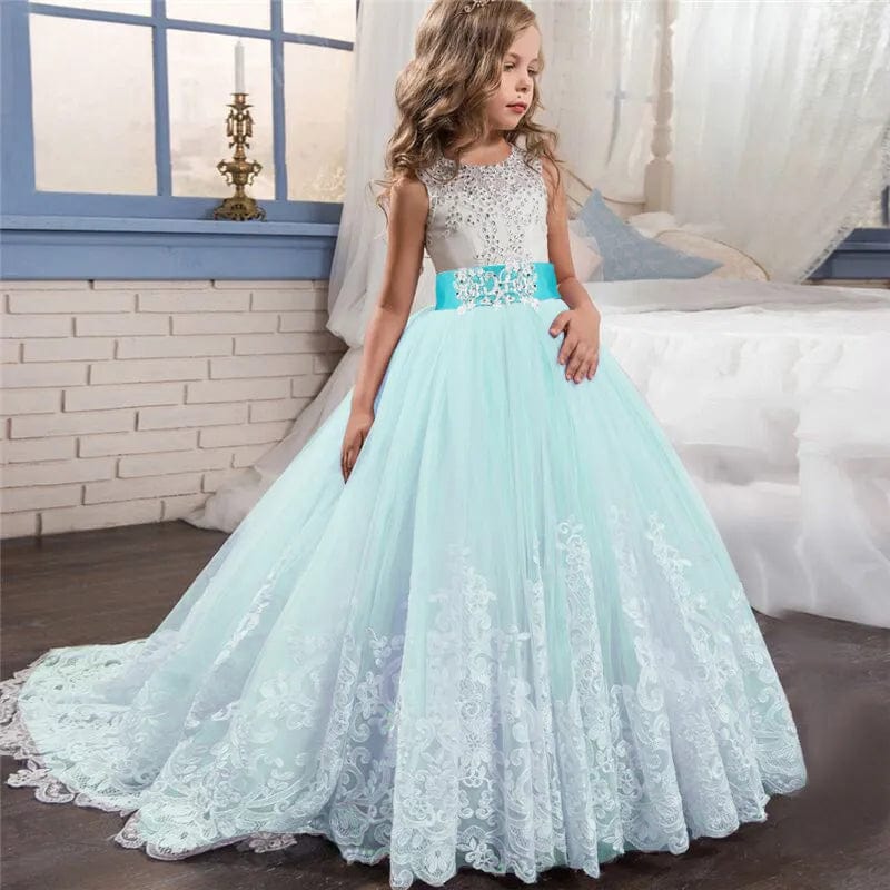 Girls Lace Floral Pageant Dress by Showlu Fashion, long ball gown with floral lace details for kids' prom, wedding, or formal events.