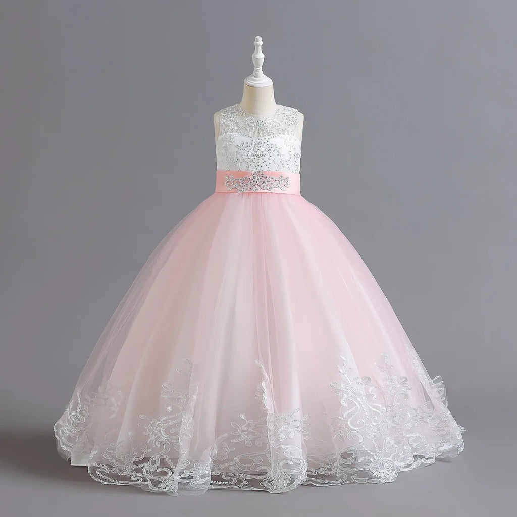 Girls lace floral pageant dress by Showlu Fashion, long ball gown with floral lace details for prom, wedding, or special occasions.