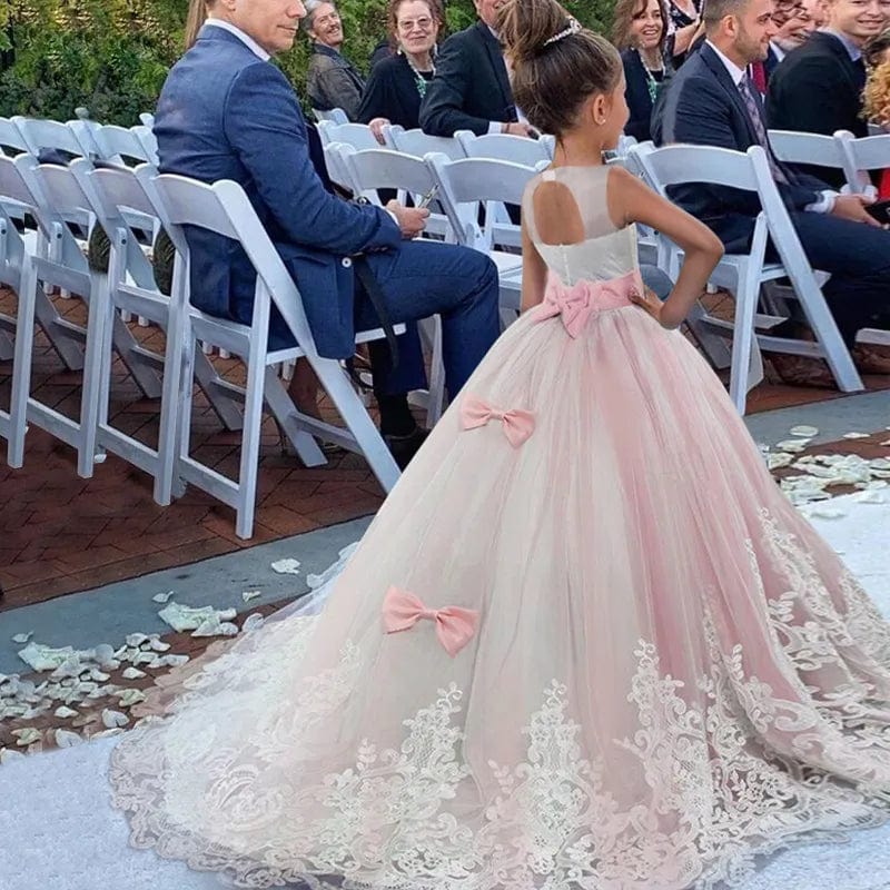 Girls lace floral pageant dress by Showlu Fashion, long formal ball gown with elegant floral lace for kids' prom and special occasions.