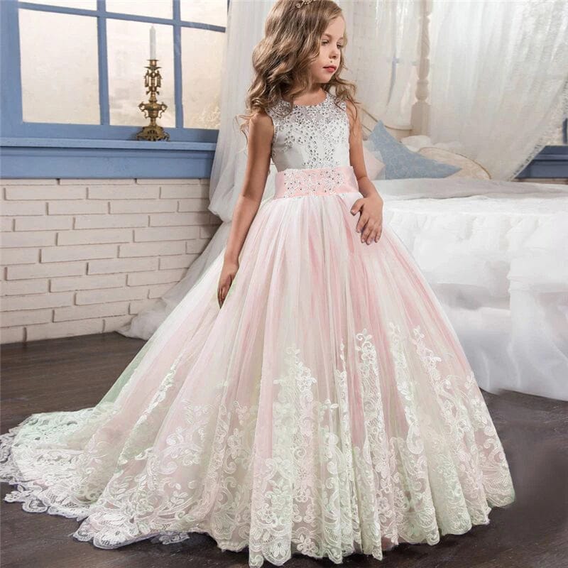 Girls lace floral pageant dress by Showlu Fashion, long formal ball gown for kids' prom, wedding, or special occasions.