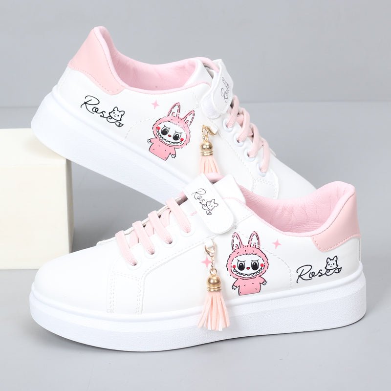 Girls white PU leather low ankle sports board shoes with flat soles and magic stick closure, perfect for kids' spring sneakers.