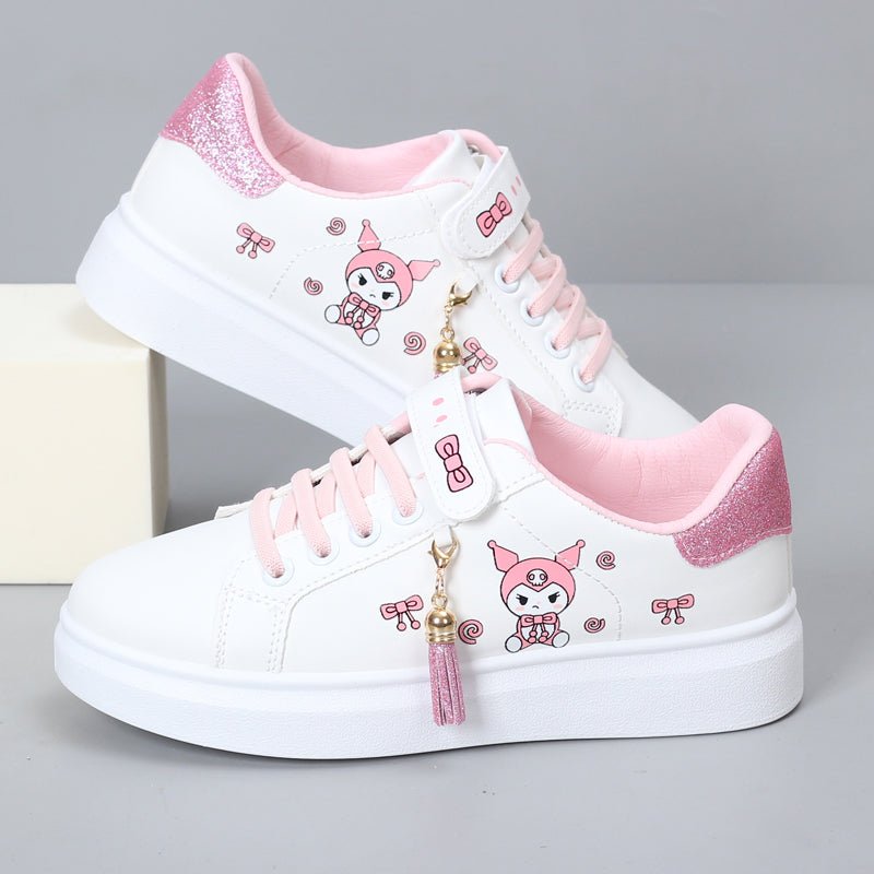 Girls white PU leather low ankle sports board shoes, flat sneakers with magic stick closure, perfect for kids' spring 2024.