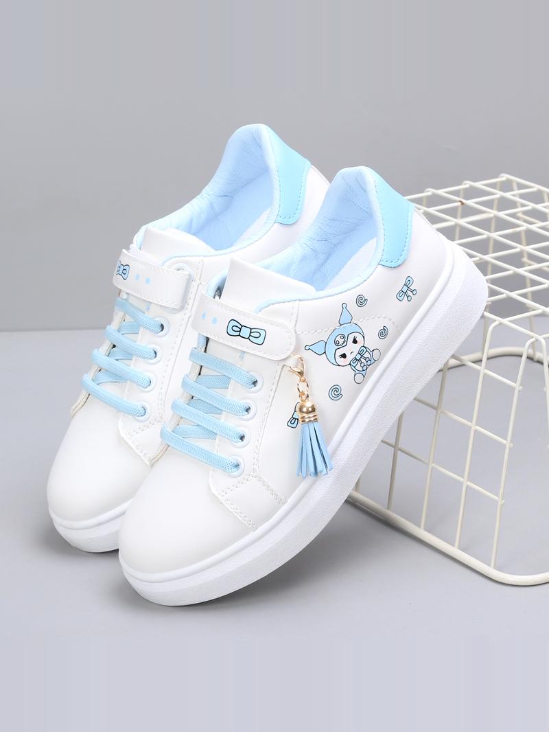 Girls white PU leather low ankle sports board shoes, kids sneakers with flat soles and stylish design for spring 2024.