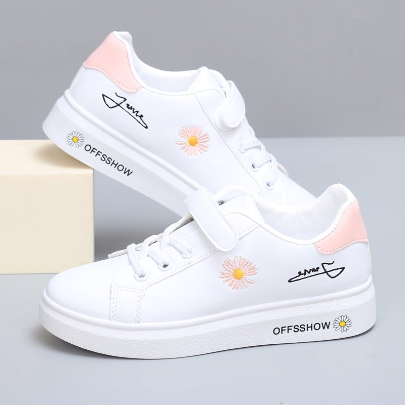 Girls white PU leather low ankle sports board shoes by SHOWLU FASHION STORE, kids sneakers with flat soles and sporty style.