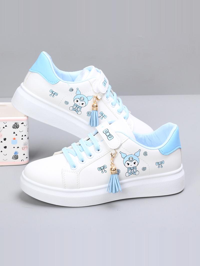Girls white PU leather low ankle sports board shoes, stylish kids sneakers with flat soles for spring 2024.