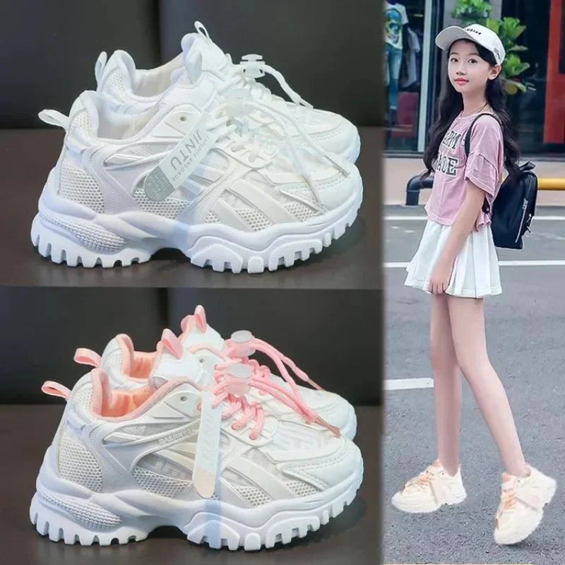 Maogu girls mesh platform sneakers by SHOWLU FASHION STORE, breathable PU leather kids' sports shoes for girls aged 6-12.