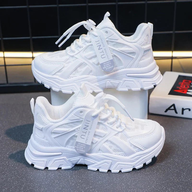 Maogu girls' mesh platform sneakers with breathable PU leather, casual sports shoes for kids aged 6 to 12 years.