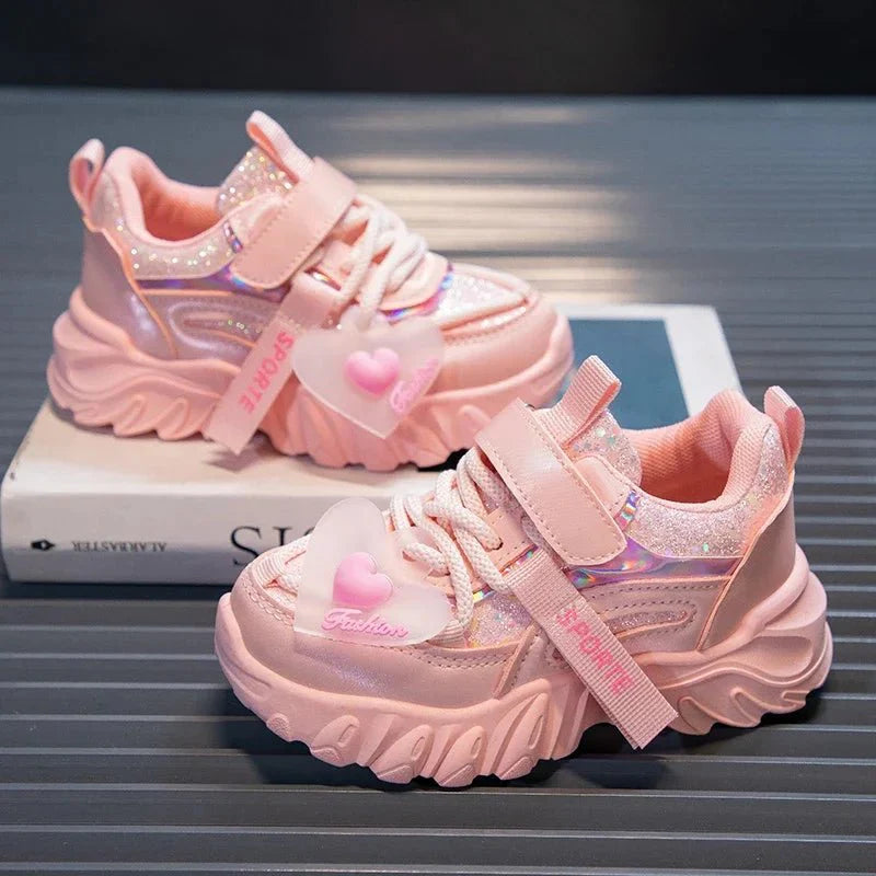 Girls running sneakers by SHOWLU FASHION STORE, shiny non-slip kids' sports shoes with heart design for casual school wear.