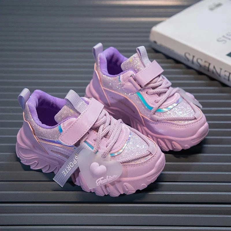 Girls running sneakers by SHOWLU FASHION STORE, shiny non-slip kids' sports shoes with heart design for school and casual wear.
