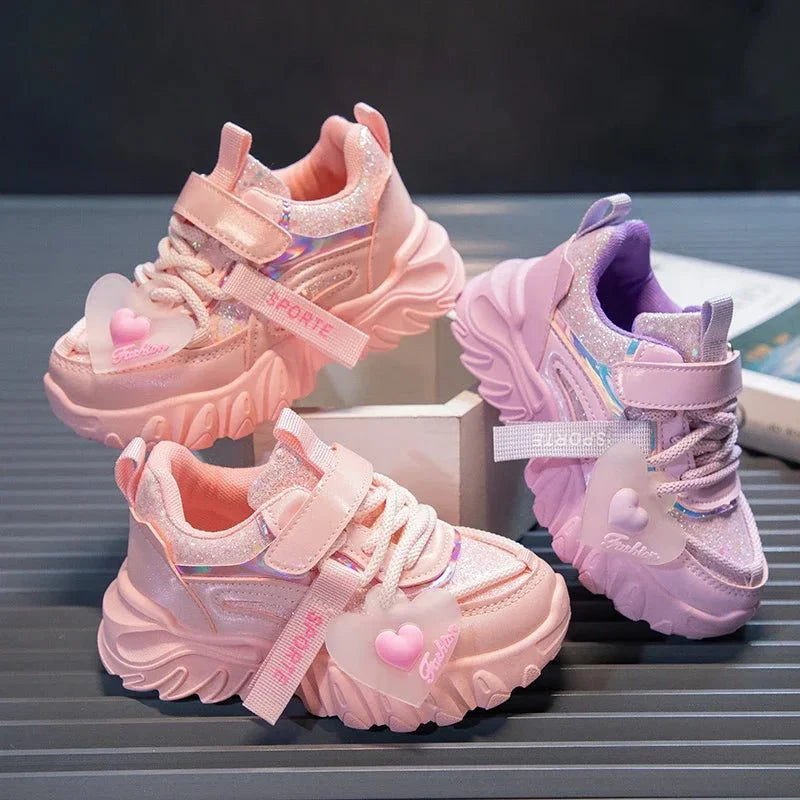Girls running sneakers by SHOWLU FASHION STORE, shiny non-slip kids' sports shoes with heart design for school and casual wear.