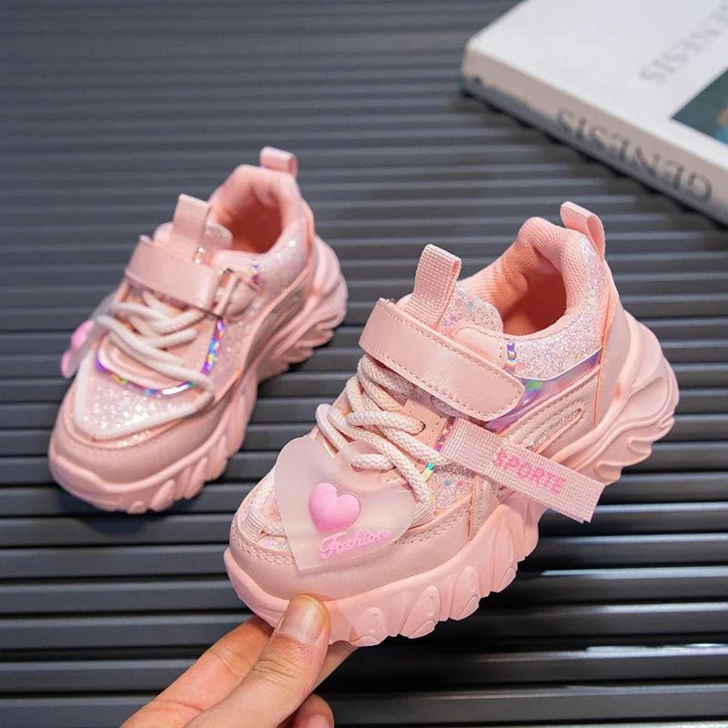 Girls running sneakers by SHOWLU FASHION STORE, shiny non-slip sports shoes with heart design for kids' school and casual wear.