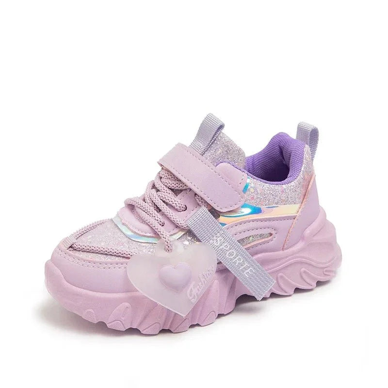 Girls running sneakers by SHOWLU FASHION STORE, shiny non-slip kids' sports shoes with heart detail for school and casual wear.