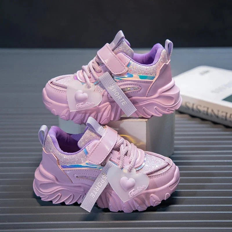Girls running sneakers by SHOWLU FASHION STORE, shiny non-slip kids' sports shoes with heart design, ideal for school and casual wear.