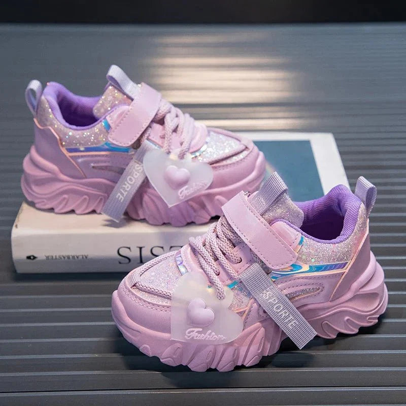 Girls running sneakers by SHOWLU FASHION STORE, shiny non-slip kids' sports shoes with a cute heart design for school and play.