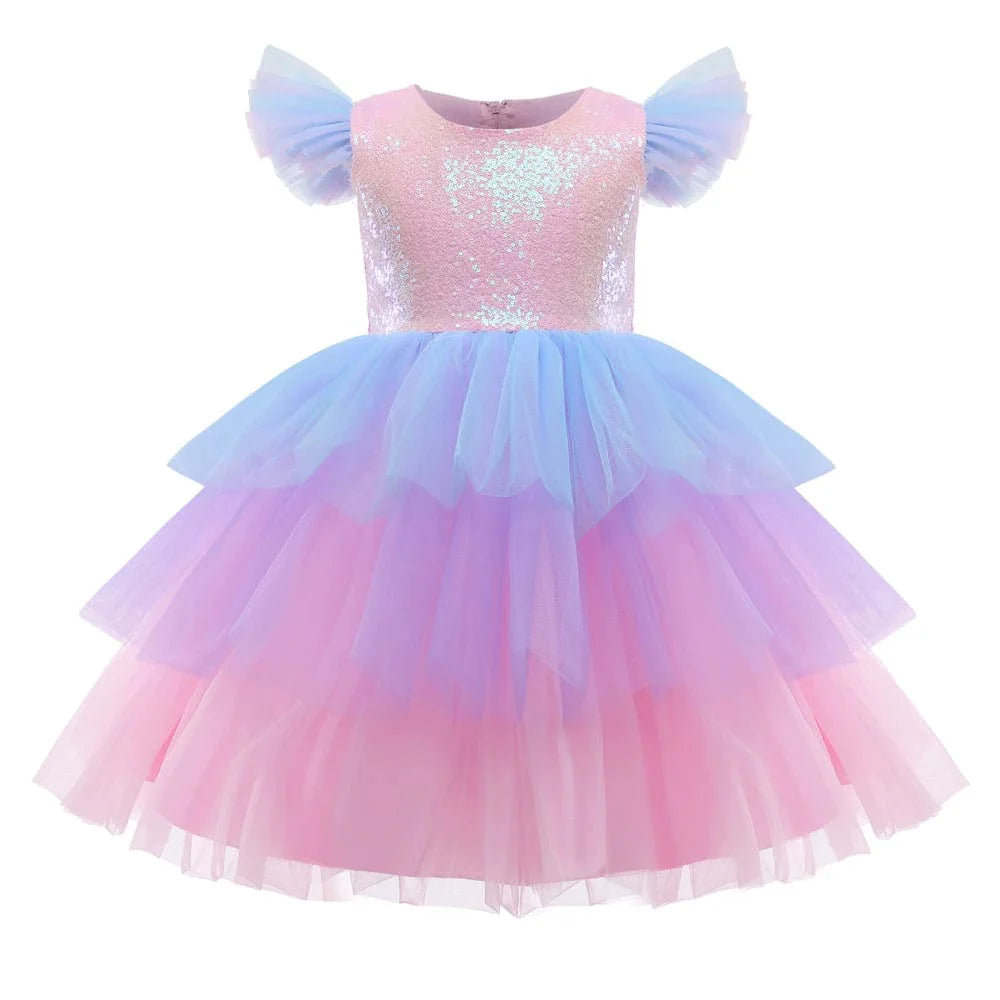 Pink unicorn rainbow layered ball gown for girls, featuring floral and bow details, perfect for parties and special occasions.