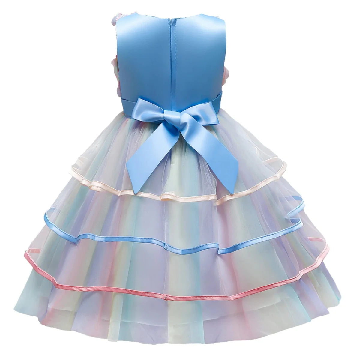 Pink unicorn rainbow layered ball gown for girls, featuring floral and bow details, perfect for parties and special occasions.