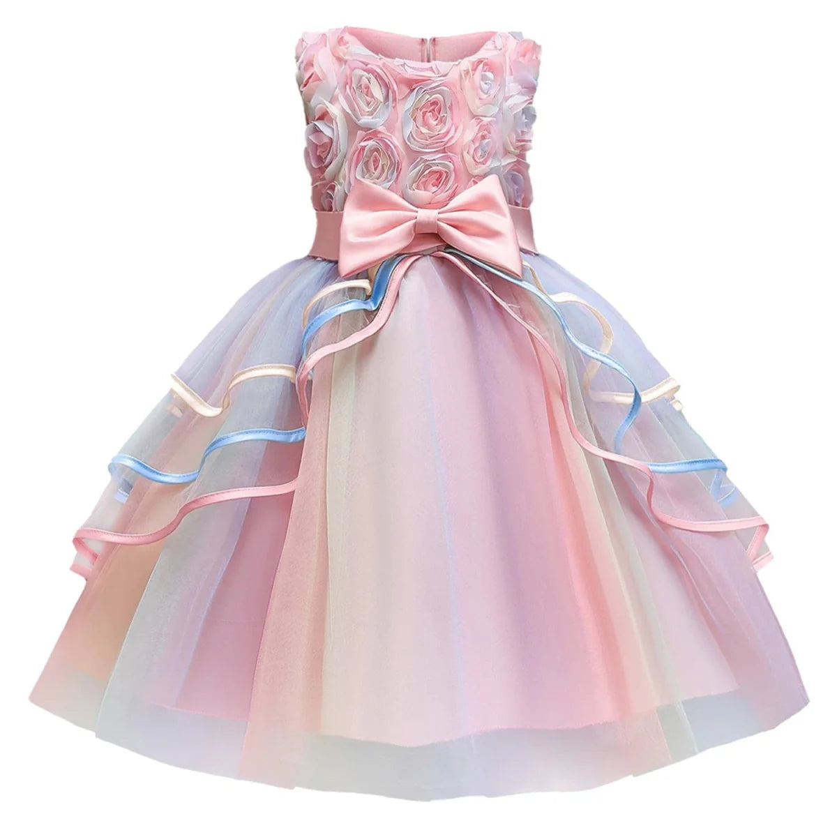 Girls unicorn pink rainbow layered ball gown with flower and bow details, perfect for parties and special occasions.