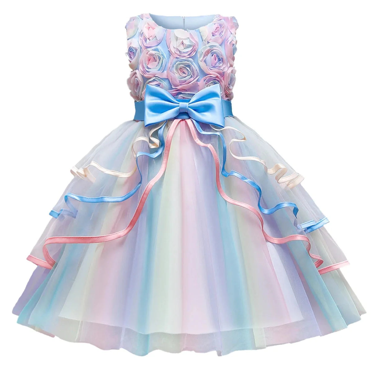 Pink unicorn rainbow layered ball gown for girls, featuring a fluffy design with floral and bow accents, perfect for parties and special occasions.
