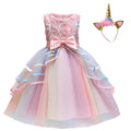 Girls unicorn pink rainbow layered ball gown by Showlu Fashion Store, featuring floral and bow details for birthday or wedding parties.