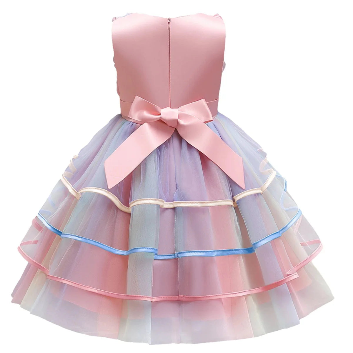 Pink unicorn rainbow layered ball gown for girls, featuring floral accents, bows, and a fluffy skirt for parties and special occasions.