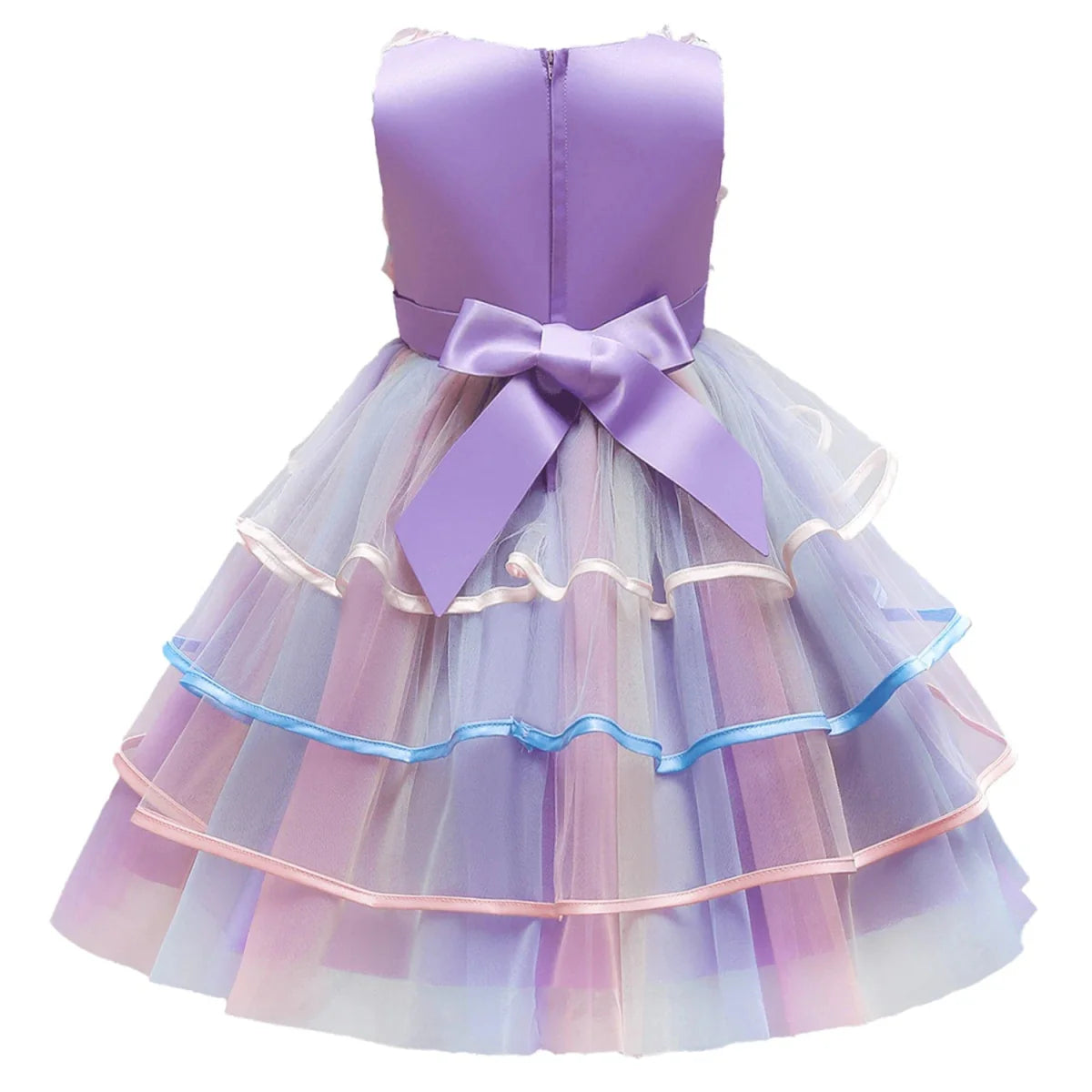 Pink unicorn rainbow layered ball gown for girls, featuring floral accents and bow details, perfect for parties and special occasions.