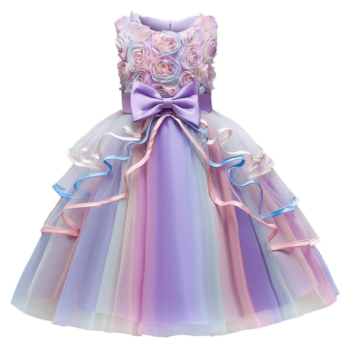 Pink unicorn rainbow layered ball gown dress for girls, featuring floral accents and a bow, perfect for parties and special occasions.