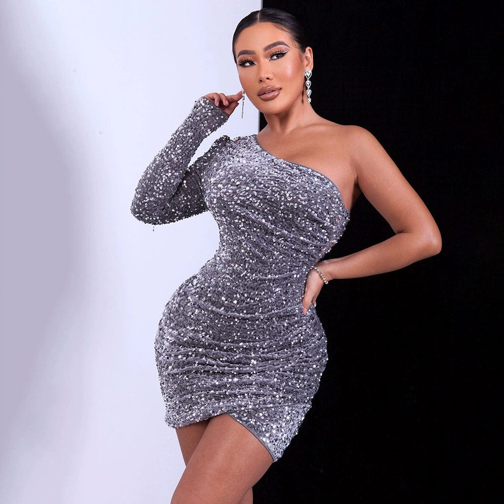 Glamorous Showlu Fashion sequin one-shoulder long sleeve slim party dress on a model, perfect for evening events and celebrations.