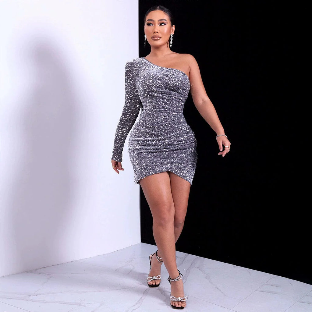 Glamorous Showlu Fashion sequin one-shoulder long sleeve slim party dress displayed on a model.
