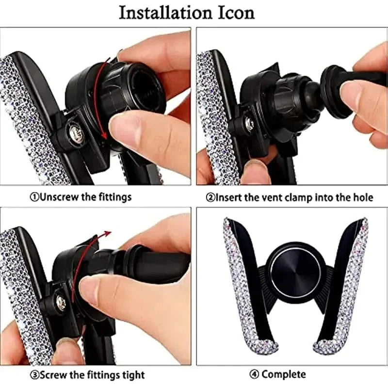 Glitter rhinestone car phone holder by VIKEFON, gravity air vent mount for GPS and mobile phones with adjustable support.