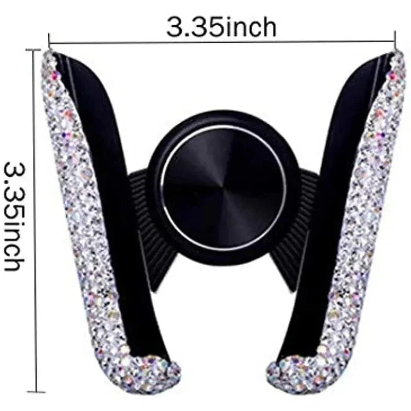 Glitter VIKEFON car phone holder with rhinestones, gravity air vent mount for GPS and mobile phones, adjustable in a vehicle.