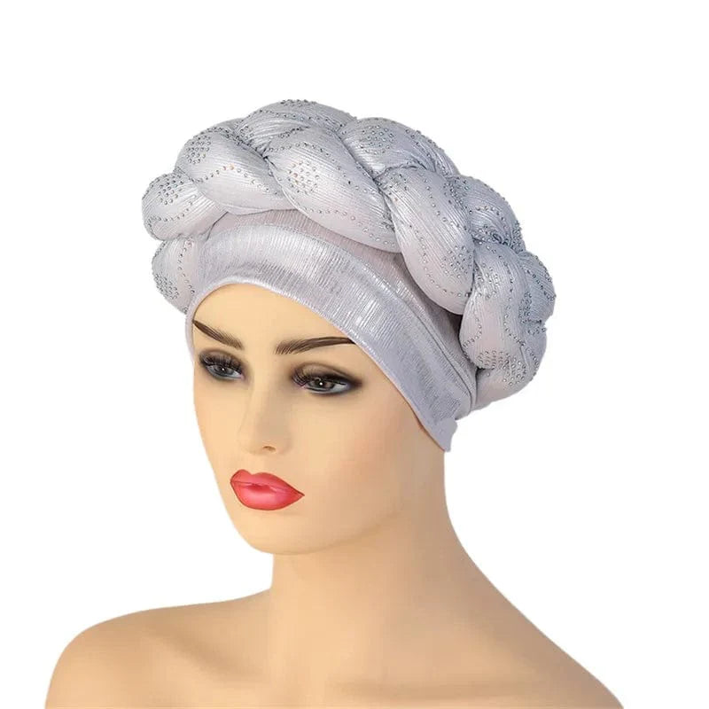 African autogele headtie by Showlu Fashion Store featuring glitter diamond accents, braided turban cap for women, stylish head wrap.