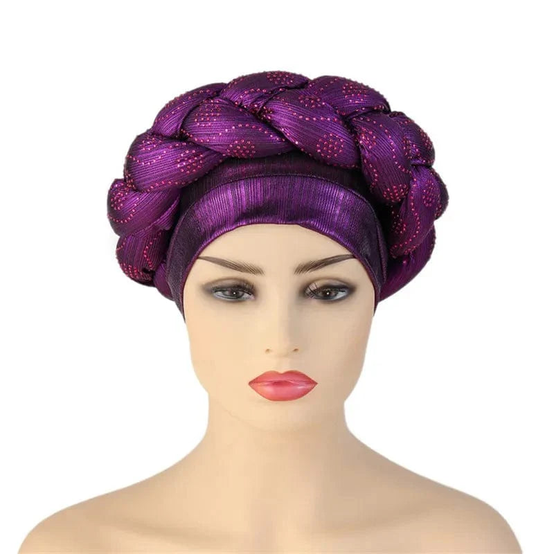 African Autogele headtie by JJYANJIN with glitter diamond design, styled as a trendy turban cap for women.