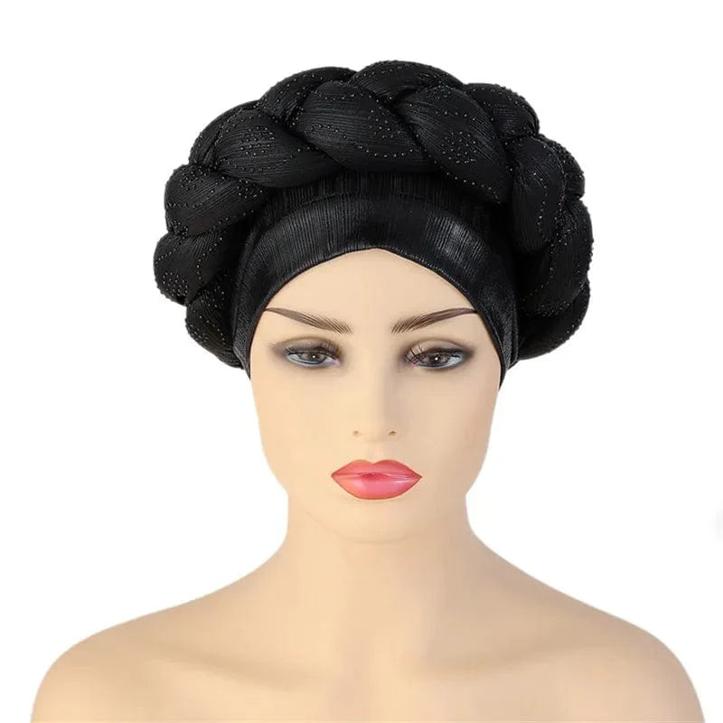 African Autogele headtie by JJYANJIN featuring glitter diamond embellishments, styled as a turban cap for women.