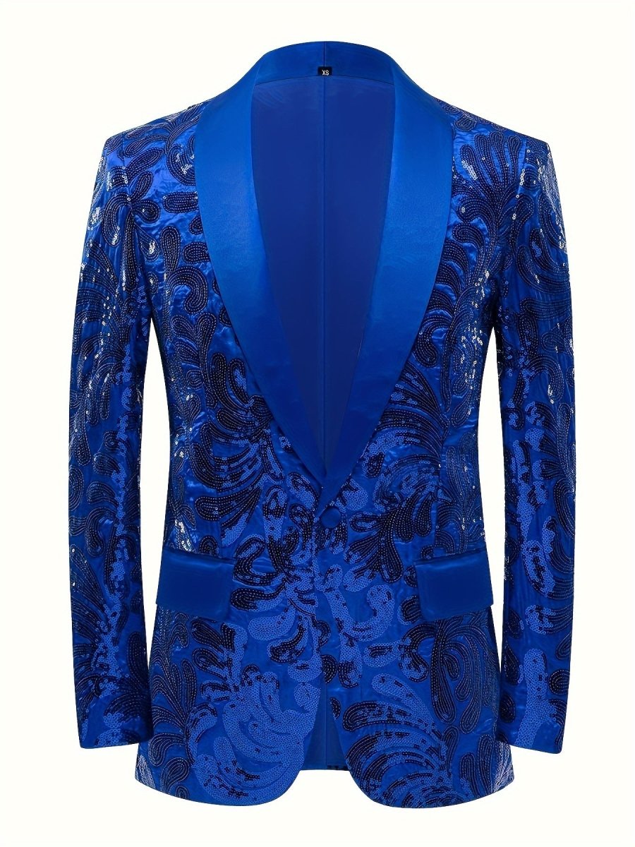 Red SHOWLU men's sequin blazer with shawl collar, slim fit, perfect for party or red carpet events, stylish evening wear.