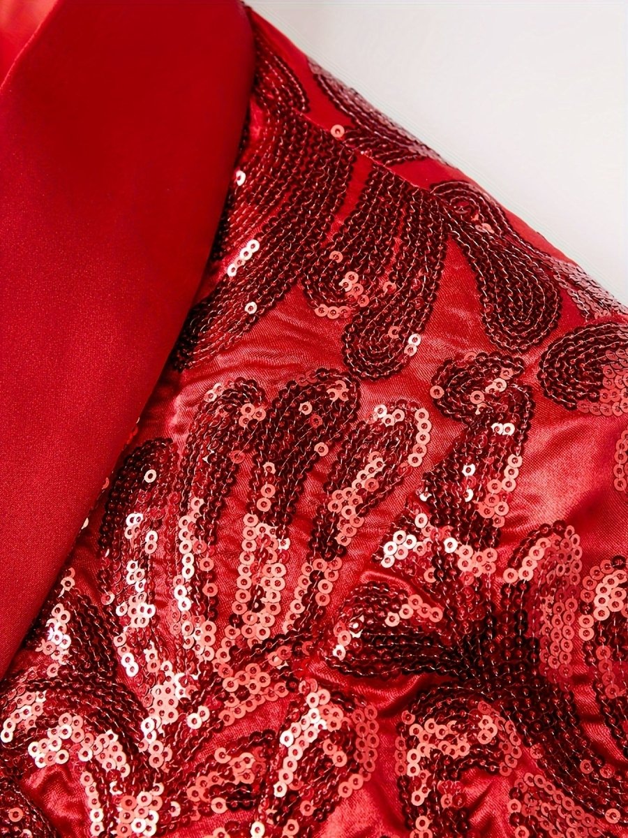 Red SHOWLU men's sequin blazer with shawl collar, slim fit, perfect for evening events and party fashion, glamorous and eye-catching.