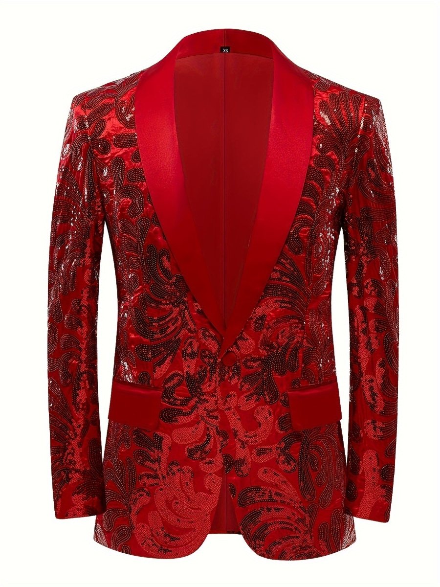 Red men's sequin blazer from SHOWLU FASHION STORE with shawl collar, slim fit, perfect for party or red carpet events.