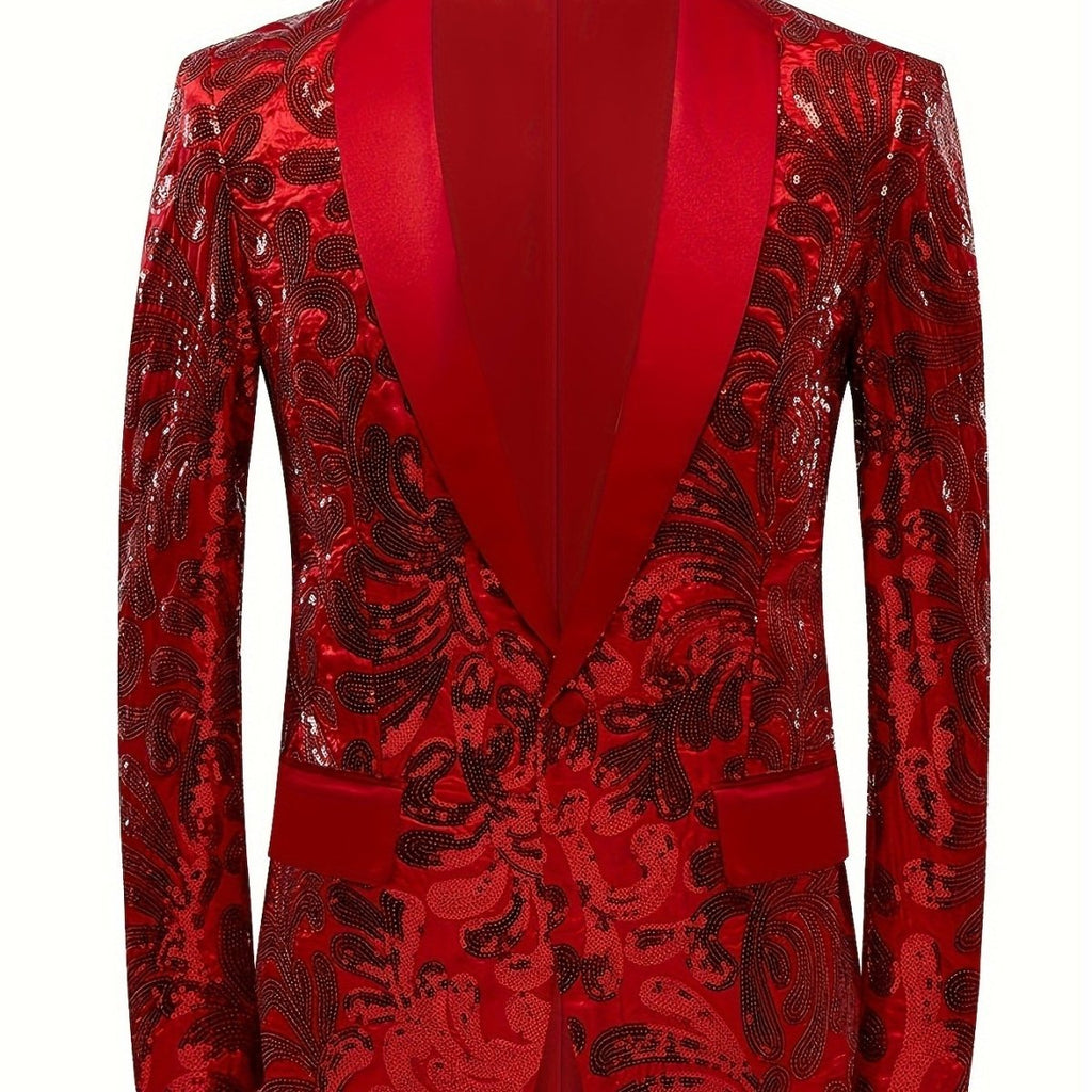 Red SHOWLU men's sequin blazer with shawl collar, slim fit, perfect for party, evening events, and red carpet occasions.