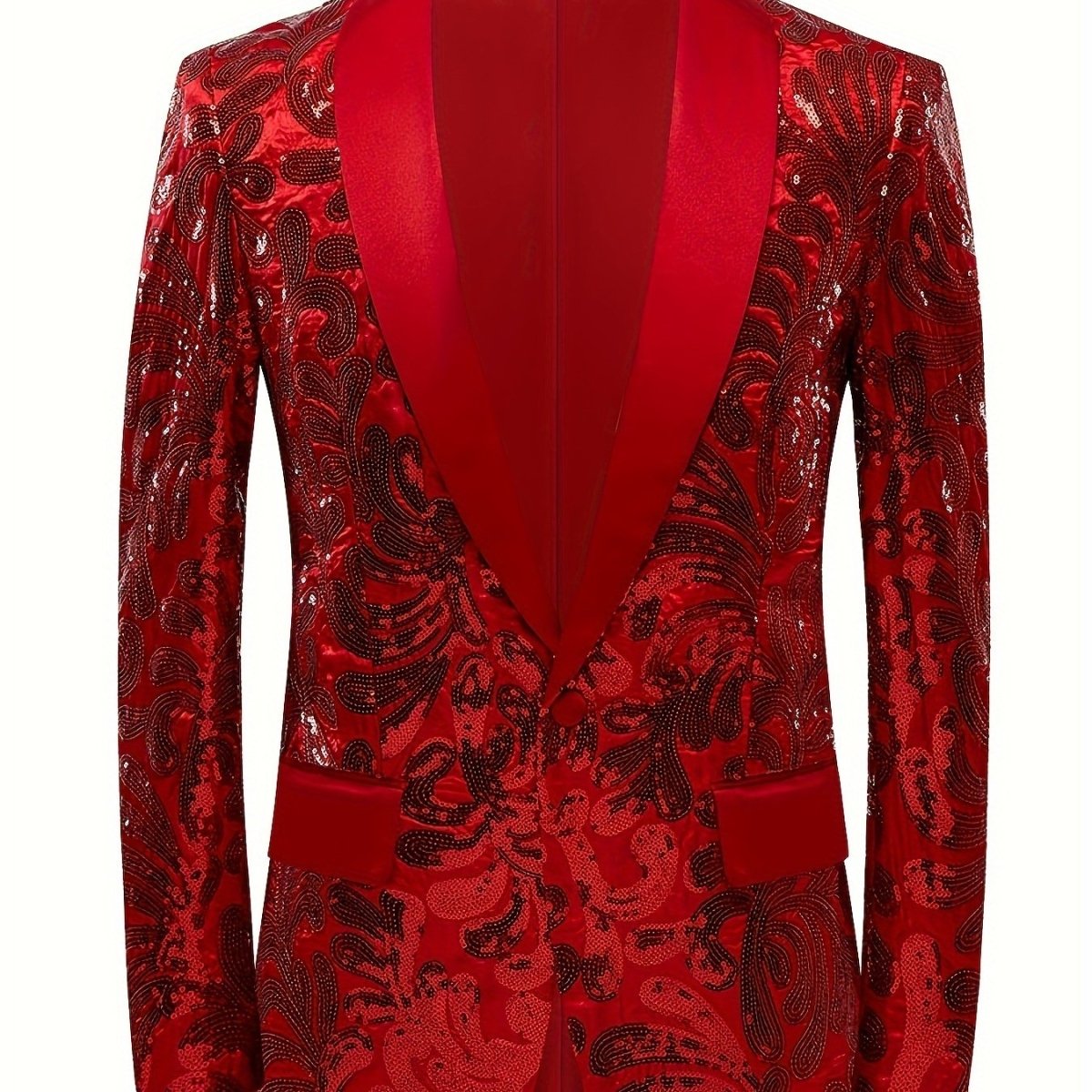 Red SHOWLU men's sequin blazer with shawl collar, slim fit, perfect for party, evening events, and red carpet occasions.
