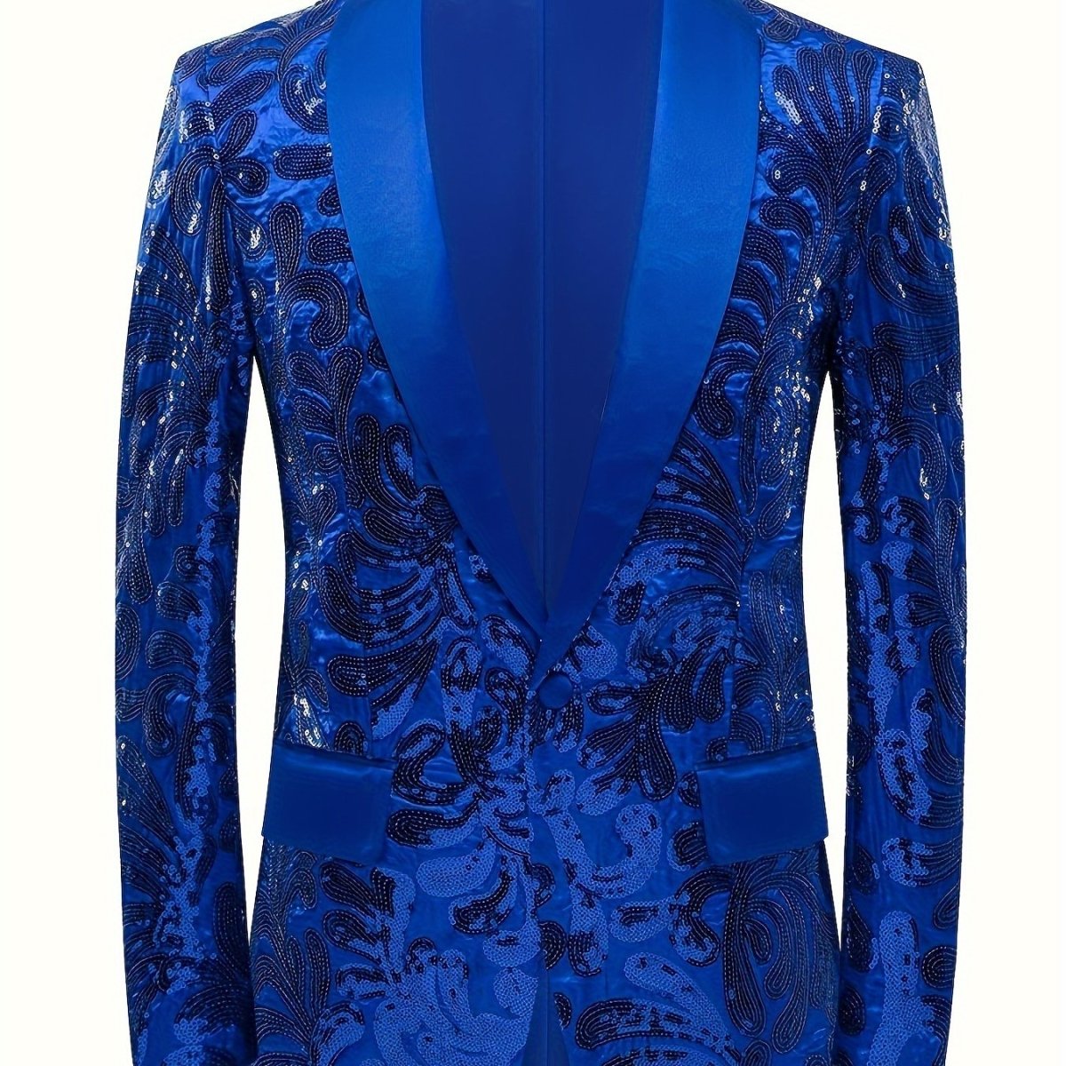 Red sequin blazer for men with shawl collar, skinny fit, stylish party jacket ideal for evening events and red carpet fashion.
