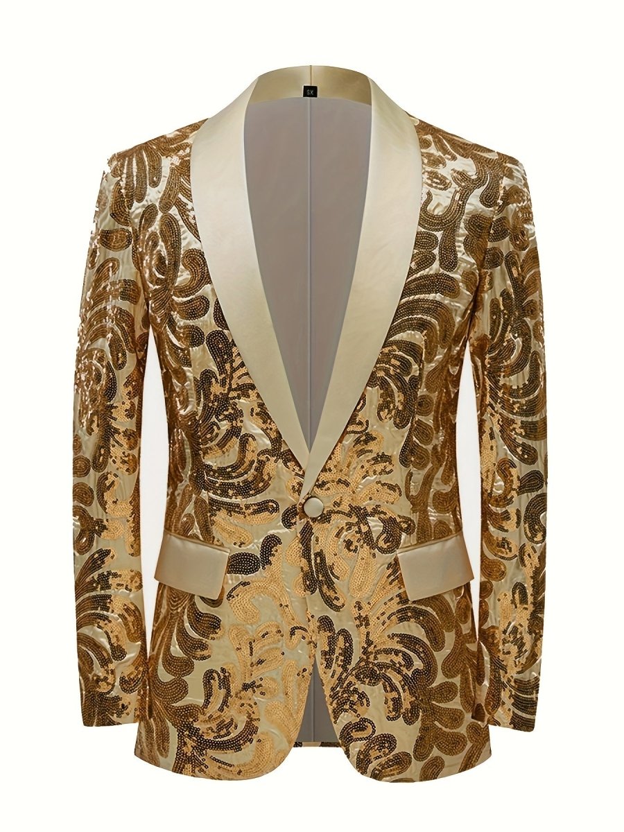 Red SHOWLU men's sequin blazer with shawl collar, slim fit party jacket for evening events and red carpet occasions.