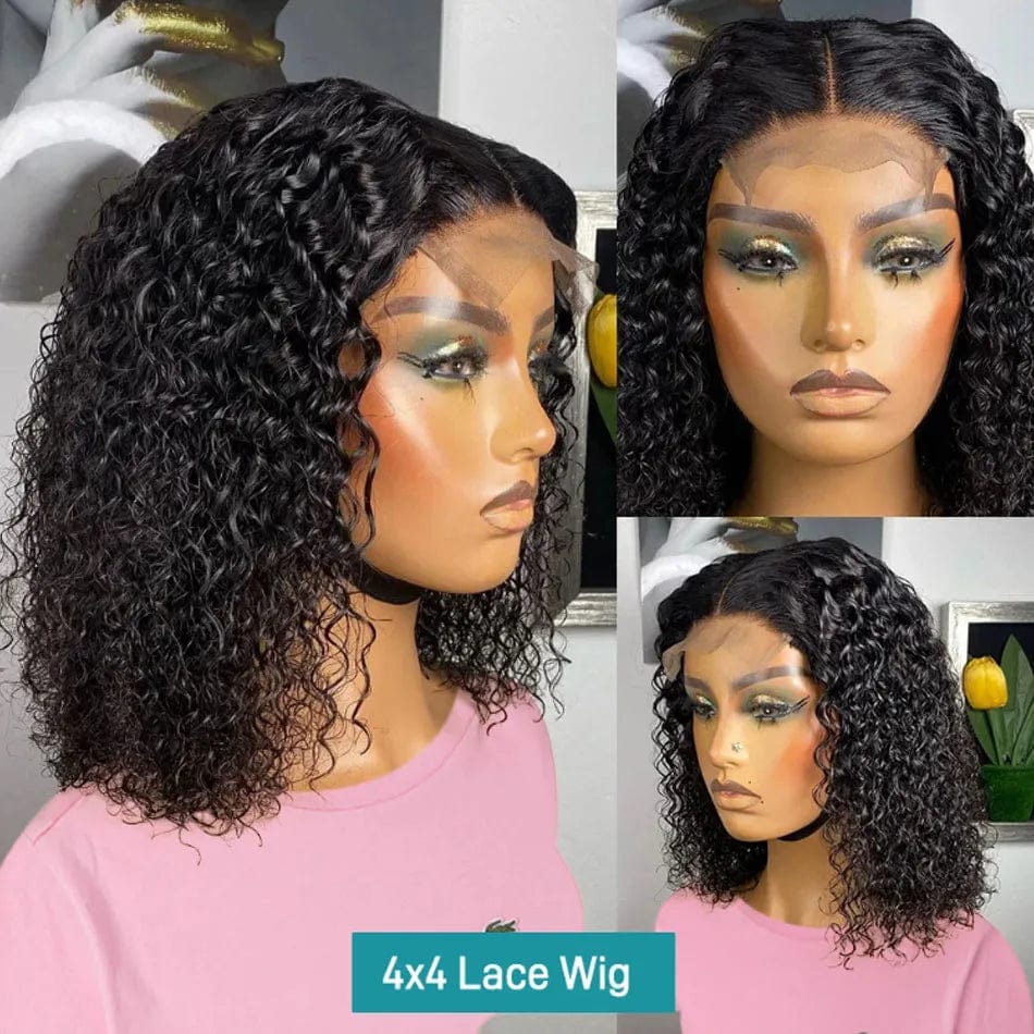Short kinky curly bob wig with 13x4 lace front, glueless design, pre-plucked transparent lace, human hair, for women by SHOWLU FASHION.