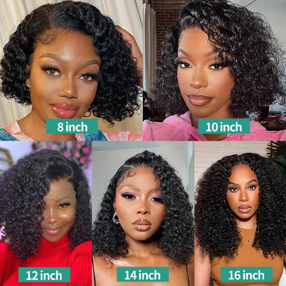 Short kinky curly bob wig with 13x4 lace front, human hair, glueless design, pre-plucked transparent lace, for women.
