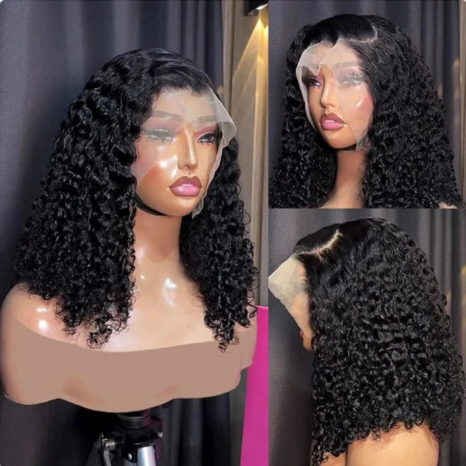 Short kinky curly bob wig by SHOWLU FASHION STORE, featuring a 13x4 lace front, glueless design, and pre-plucked transparent lace.