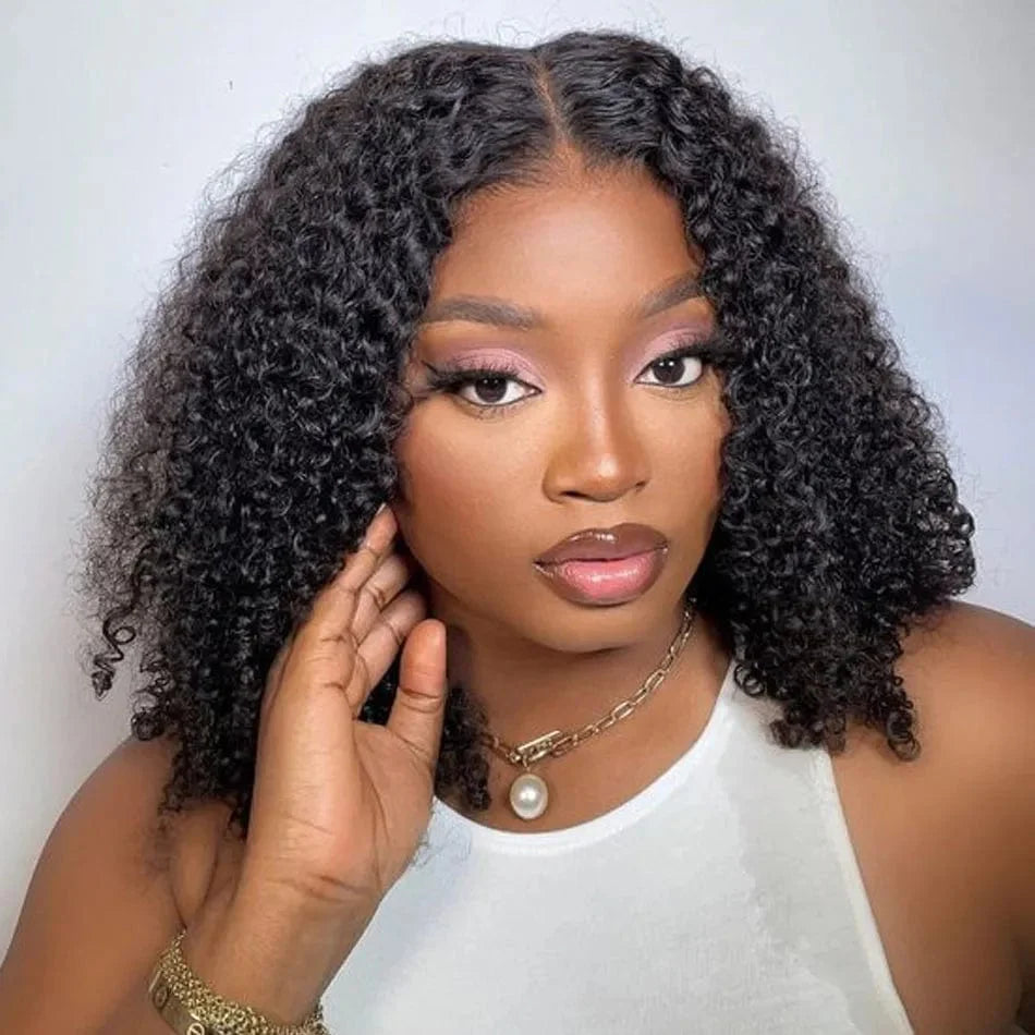Short kinky curly bob wig with 13x4 lace front, glueless design, human hair, pre-plucked transparent lace, for women.
