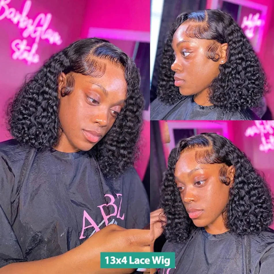 Showlu Fashion Store Jessenia short kinky curly bob wig with 13x4 lace front, human hair, pre-plucked, transparent lace for women.