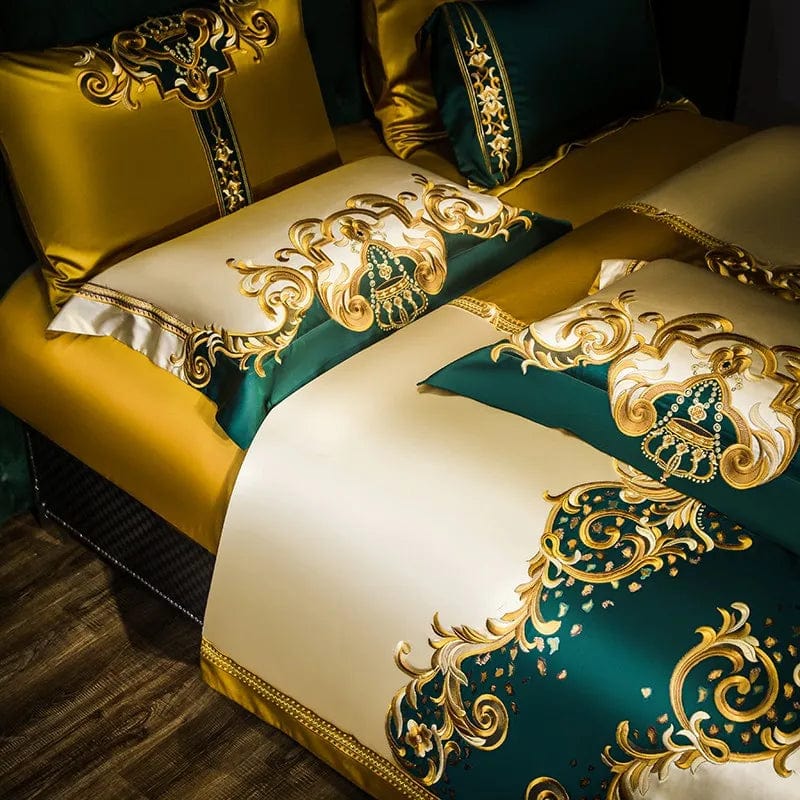Luxury IvaRose gold and green satin cotton bedding set with embroidered patchwork duvet cover, pillowcases, and bedspread for queen and king sizes.
