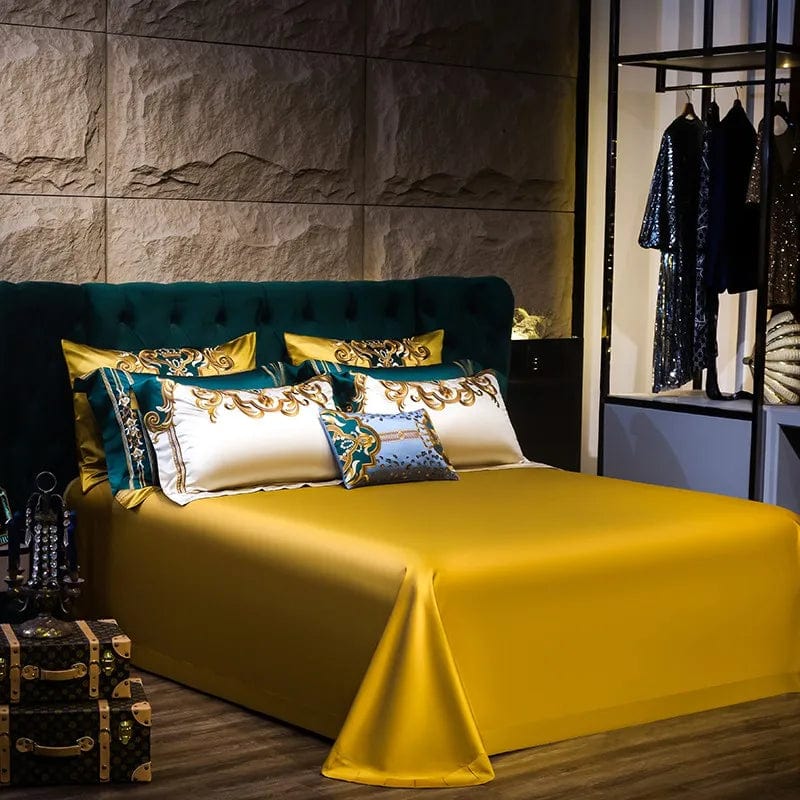 Gold and green satin embroidered bedding set by SHOWLU, includes duvet cover, pillowcases, and cotton bedspread for luxurious sleep.